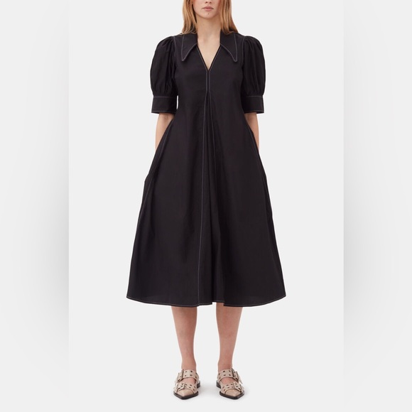 Ganni Dresses & Skirts - Ganni Black A-Line Midi Dress with Puff Sleeves